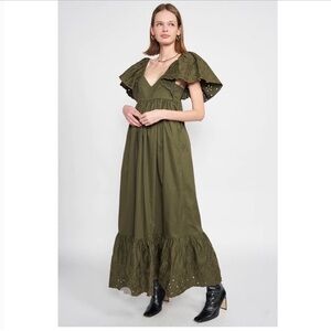 EN SAISON Barnette Eyelet Maxi Dress in Natural Flutter Sleeve Boho Sz S